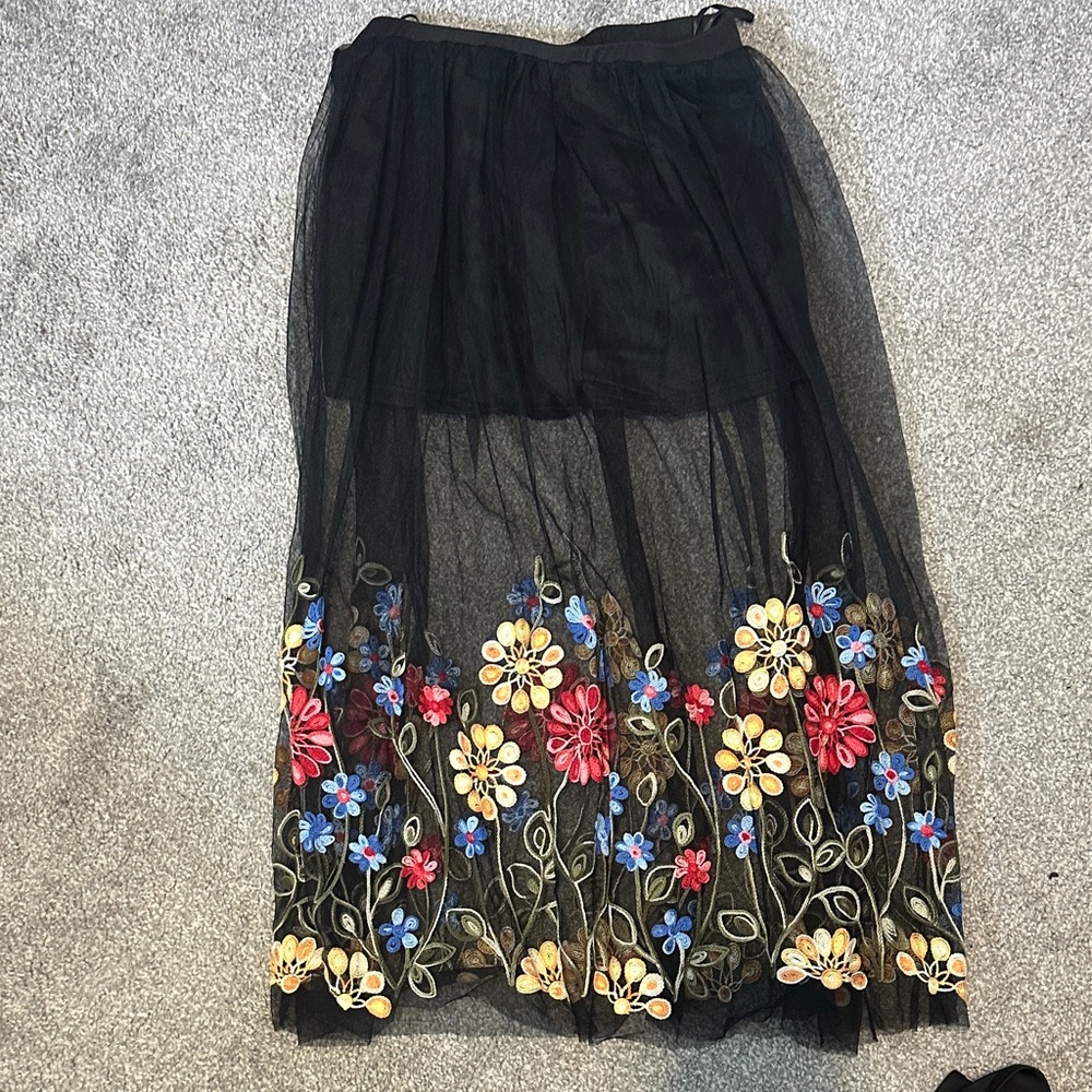 SHEIN Black Midi Skirt with Colorful Floral Embroidery